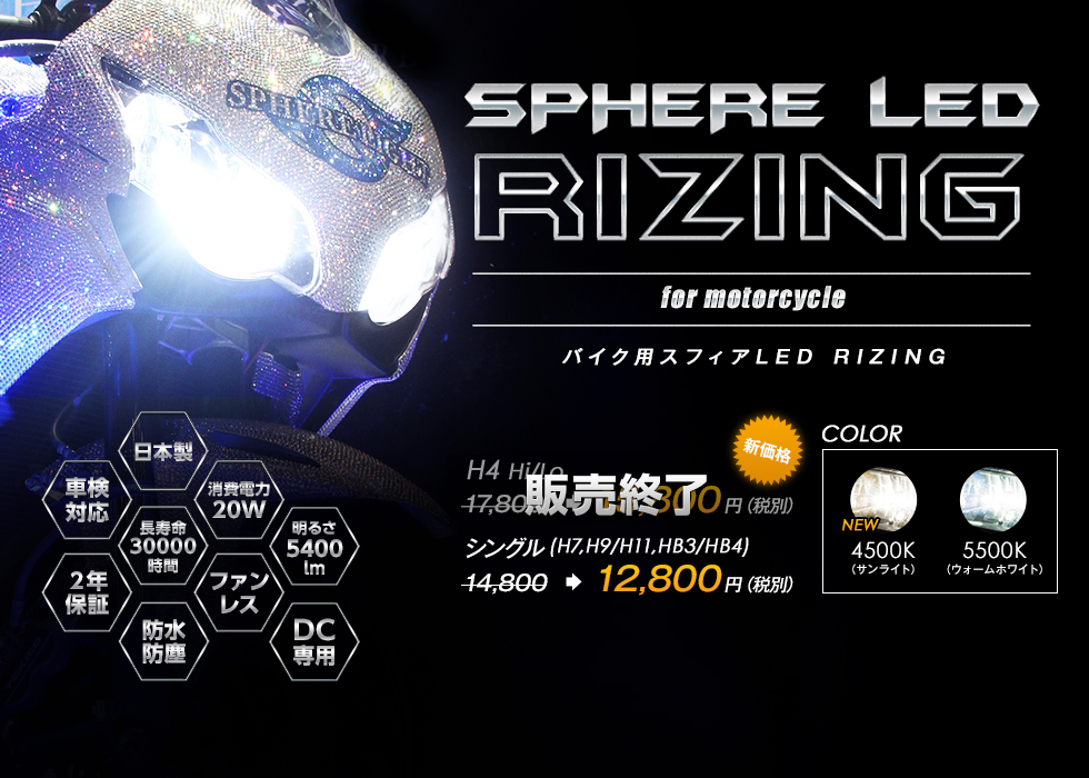 バイク用スフィアLED RIZING＜ライジング＞業界初の日本製LEDヘッド